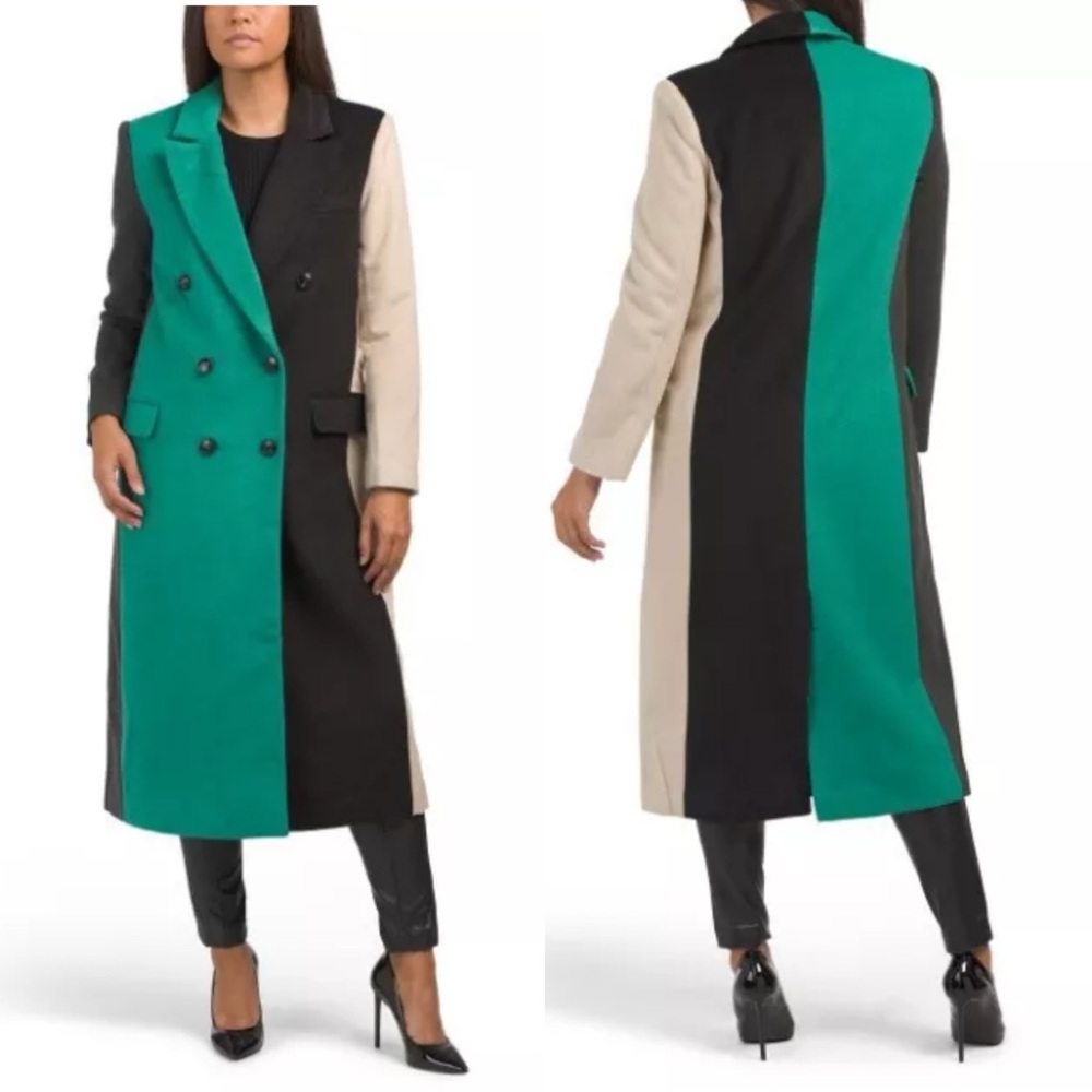 New ENGLISH FACTORY Color Block Black Green Beige Longline Wooly Coat sz M
